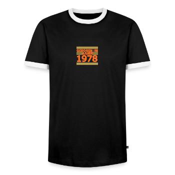 im 1978 - Männer Kontrast-T-Shirt - Schwarz/Weiß - Vorne - AI Model Female 172 light (172cm) & AI Model Male 178 light (178cm)
