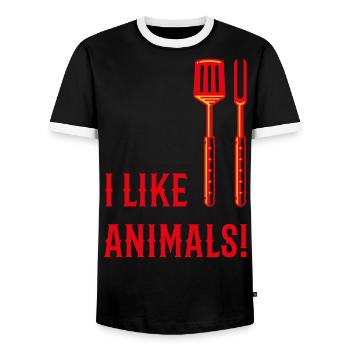 I Like Animals! (Grill Cutlery / 3C) - Men's Ringer Shirt - black/white - Front - AI Model Female 172 light (172cm) & AI Model Male 178 light (178cm)