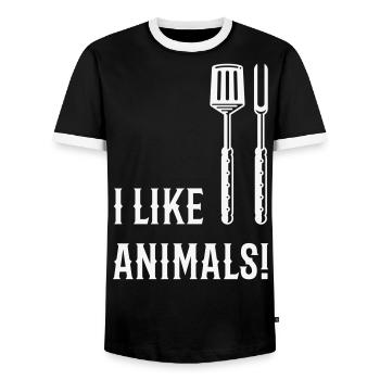 I Like Animals! (Grill Cutlery / White) - Men's Ringer Shirt - black/white - Front - AI Model Female 172 light (172cm) & AI Model Male 178 light (178cm)