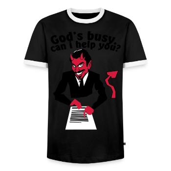God's busy. Can i help? - T-shirt contrasté Homme - noir/blanc - Devant - AI Model Female 172 light (172cm) & AI Model Male 178 light (178cm)