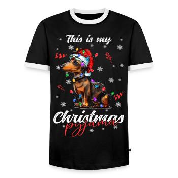 lustig Dackel Weihnachten Weihnachtsschlafanzug - Männer Kontrast-T-Shirt - Schwarz/Weiß - Vorne - AI Model Female 172 light (172cm) & AI Model Male 178 light (178cm)