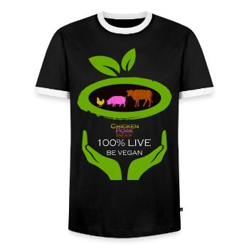 100% Live -Be Vegan - Männer Kontrast-T-Shirt - Schwarz/Weiß - Vorne - AI Model Female 172 light (172cm) & AI Model Male 178 light (178cm)