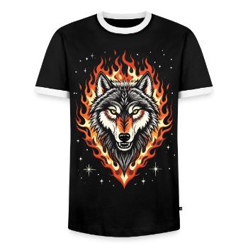Wolf and Flames - Men's Ringer Shirt - black/white - Front - AI Model Female 172 light (172cm) & AI Model Male 178 light (178cm)