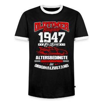 Oldtimer Année 1947 - T-shirt contrasté Homme - noir/blanc - Devant - AI Model Female 172 light (172cm) & AI Model Male 178 light (178cm)