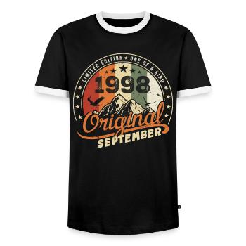 Vintage Birthday Gift Born September 1998 - Men's Ringer Shirt - black/white - Front - AI Model Female 172 light (172cm) & AI Model Male 178 light (178cm)