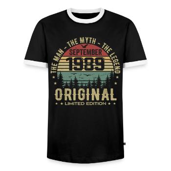Original Birthday 1989 - September 1989 Gift - Men's Ringer Shirt - black/white - Front - AI Model Female 172 light (172cm) & AI Model Male 178 light (178cm)