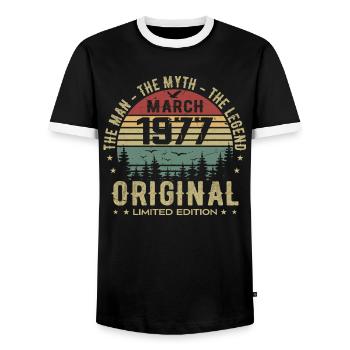 Gift for the 48th Anniversary Original March 1977 - Men's Ringer Shirt - black/white - Front - AI Model Female 172 light (172cm) & AI Model Male 178 light (178cm)