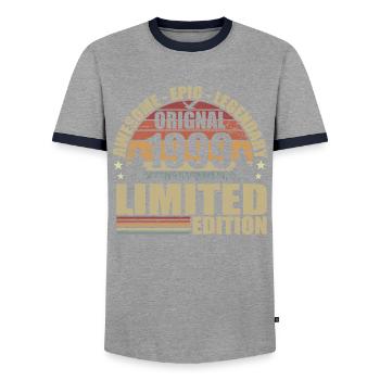 1999 Birthday 1999 Vintage Outfit 1999 Shirt - Men's Ringer Shirt - grey/navy  - Front - AI Model Female 172 light (172cm) & AI Model Male 178 light (178cm)