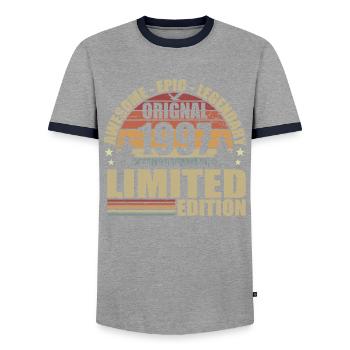 1997 Birthday 1997 Vintage Outfit 1997 Shirt - Men's Ringer Shirt - grey/navy  - Front - AI Model Female 172 light (172cm) & AI Model Male 178 light (178cm)