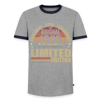 1995 Birthday 1995 Vintage 1995 Outfit Shirt - Men's Ringer Shirt - grey/navy  - Front - AI Model Female 172 light (172cm) & AI Model Male 178 light (178cm)
