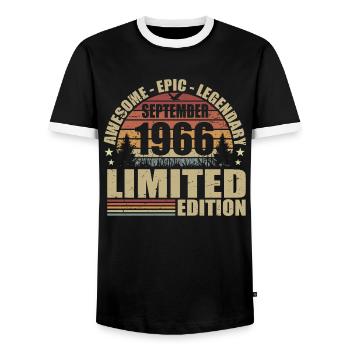 1966 September 1966 Anniversary September 1966 - Men's Ringer Shirt - black/white - Front - AI Model Female 172 light (172cm) & AI Model Male 178 light (178cm)