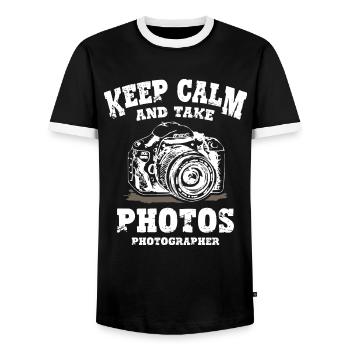 Keep Calm and Take Photos - Men's Ringer Shirt - black/white - Front - AI Model Female 172 light (172cm) & AI Model Male 178 light (178cm)