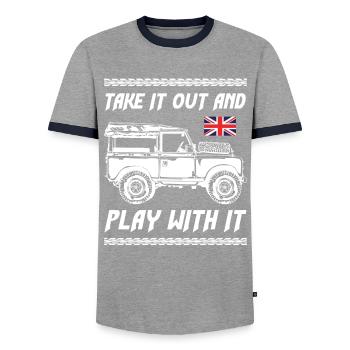 Take It Out and Play With It - Men's Ringer Shirt - grey/navy  - Front - AI Model Female 172 light (172cm) & AI Model Male 178 light (178cm)