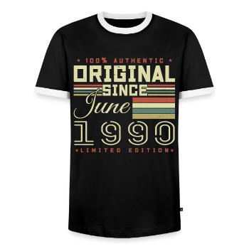 Cadeau Anniversaire Juin 1990, Gift June 1990 - T-shirt contrasté Homme - noir/blanc - Devant - AI Model Female 172 light (172cm) & AI Model Male 178 light (178cm)