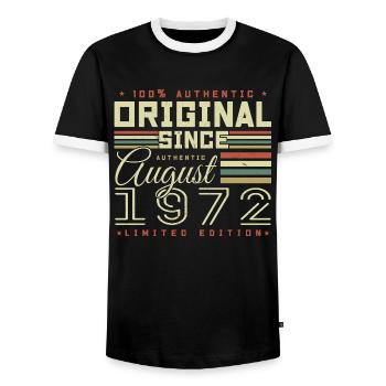 August 1972 Retro August 1972 August 1972 Jubiläum - Männer Kontrast-T-Shirt - Schwarz/Weiß - Vorne - AI Model Female 172 light (172cm) & AI Model Male 178 light (178cm)