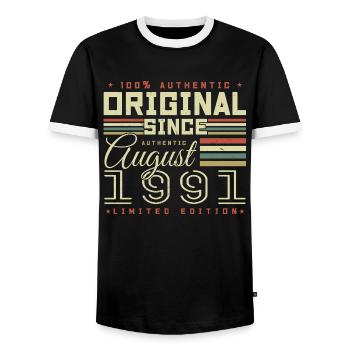 August 1991 Retro August 1991 August 1991 Anniversary - Men's Ringer Shirt - black/white - Front - AI Model Female 172 light (172cm) & AI Model Male 178 light (178cm)