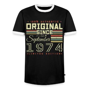 September 1974 September 51st Anniversary Limited Edition - Men's Ringer Shirt - black/white - Front - AI Model Female 172 light (172cm) & AI Model Male 178 light (178cm)