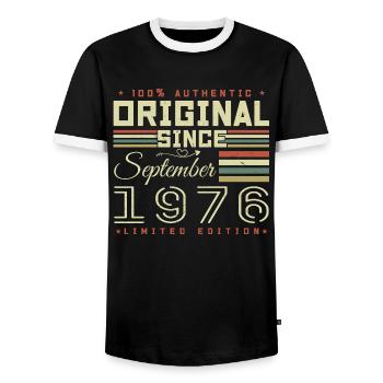 September 1976 September 49th Anniversary Limited Edition - Men's Ringer Shirt - black/white - Front - AI Model Female 172 light (172cm) & AI Model Male 178 light (178cm)