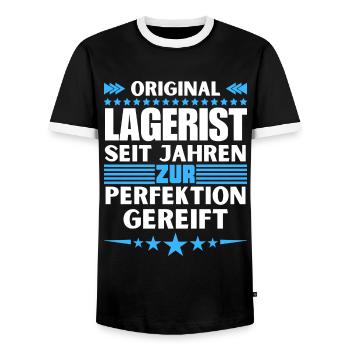 Warehouse clerk matured to perfection - Men's Ringer Shirt - black/white - Front - AI Model Female 172 light (172cm) & AI Model Male 178 light (178cm)