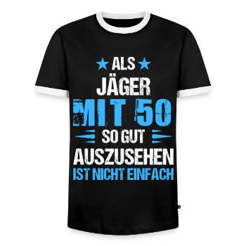 À 50 ans, beau chasseur - T-shirt contrasté Homme - noir/blanc - Devant - AI Model Female 172 light (172cm) & AI Model Male 178 light (178cm)