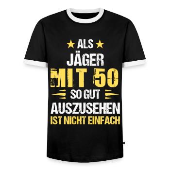 À 50 ans, beau chasseur - T-shirt contrasté Homme - noir/blanc - Devant - AI Model Female 172 light (172cm) & AI Model Male 178 light (178cm)