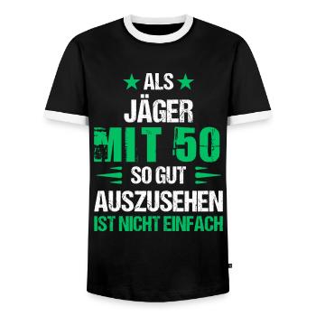 À 50 ans, beau chasseur - T-shirt contrasté Homme - noir/blanc - Devant - AI Model Female 172 light (172cm) & AI Model Male 178 light (178cm)