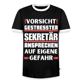 Don't talk to a stressed secretary! - Men's Ringer Shirt - black/white - Front - AI Model Female 172 light (172cm) & AI Model Male 178 light (178cm)