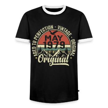 May 1979 Birthday May 1979 May 1979 - Men's Ringer Shirt - black/white - Front - AI Model Female 172 light (172cm) & AI Model Male 178 light (178cm)