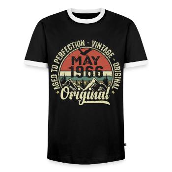 May 1966 Birthday May 1966 May 1966 - Men's Ringer Shirt - black/white - Front - AI Model Female 172 light (172cm) & AI Model Male 178 light (178cm)