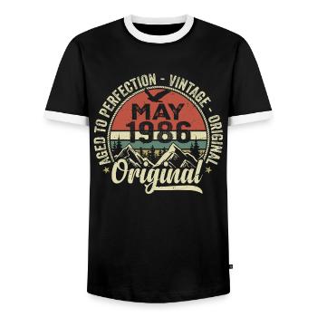Mai 1986 anniversaire Mai 1986 May 1986 - T-shirt contrasté Homme - noir/blanc - Devant - AI Model Female 172 light (172cm) & AI Model Male 178 light (178cm)