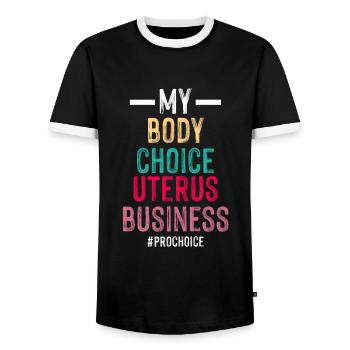 My Body Choice Uterus Store - Men's Ringer Shirt - black/white - Front - AI Model Female 172 light (172cm) & AI Model Male 178 light (178cm)