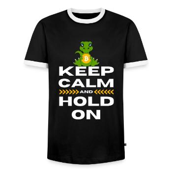 Keep Calm and Hold On Bitcoin - Men's Ringer Shirt - black/white - Front - AI Model Female 172 light (172cm) & AI Model Male 178 light (178cm)