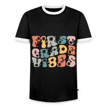 Back To School First Grade Vibes Student Teacher - Men's Ringer Shirt - black/white - Front - AI Model Female 172 light (172cm) & AI Model Male 178 light (178cm)