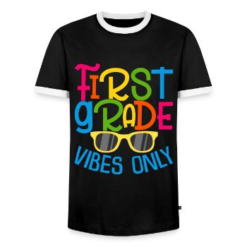 Back To School First Grade Vibes Student Teacher - Men's Ringer Shirt - black/white - Front - AI Model Female 172 light (172cm) & AI Model Male 178 light (178cm)
