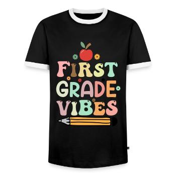 Back To School First Grade Vibes Student Teacher - Men's Ringer Shirt - black/white - Front - AI Model Female 172 light (172cm) & AI Model Male 178 light (178cm)