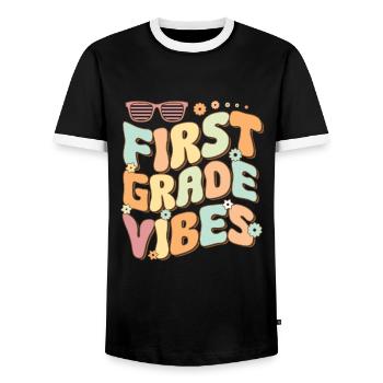 Back To School First Grade Vibes Student Teacher - Men's Ringer Shirt - black/white - Front - AI Model Female 172 light (172cm) & AI Model Male 178 light (178cm)