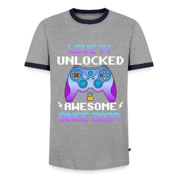 Level 14 Unlocked Awesome Since 2009 Funny Gamer - Men's Ringer Shirt - grey/navy  - Front - AI Model Female 172 light (172cm) & AI Model Male 178 light (178cm)