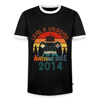 Level 9 Unlocked Awesome Since 2014 Funny Gamer - Men's Ringer Shirt - black/white - Front - AI Model Female 172 light (172cm) & AI Model Male 178 light (178cm)