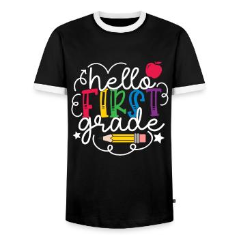 Hello 1st Grade Back To School First Day - Men's Ringer Shirt - black/white - Front - AI Model Female 172 light (172cm) & AI Model Male 178 light (178cm)