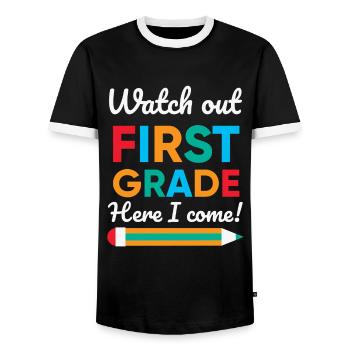 Hallo 1. Klasse Zurück zur Schule Erster Tag - Männer Kontrast-T-Shirt - Schwarz/Weiß - Vorne - AI Model Female 172 light (172cm) & AI Model Male 178 light (178cm)