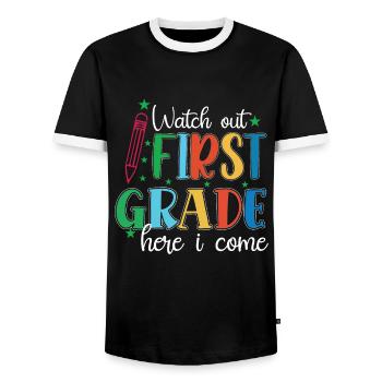 Hallo 1. Klasse Zurück zur Schule Erster Tag - Männer Kontrast-T-Shirt - Schwarz/Weiß - Vorne - AI Model Female 172 light (172cm) & AI Model Male 178 light (178cm)