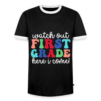 Hallo 1. Klasse Zurück zur Schule Erster Tag - Männer Kontrast-T-Shirt - Schwarz/Weiß - Vorne - AI Model Female 172 light (172cm) & AI Model Male 178 light (178cm)