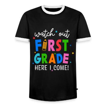 Hallo 1. Klasse Zurück zur Schule Erster Tag - Männer Kontrast-T-Shirt - Schwarz/Weiß - Vorne - AI Model Female 172 light (172cm) & AI Model Male 178 light (178cm)