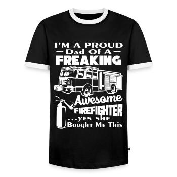 Firefighter Proud Dad Of Awesome Firefighter - Men's Ringer Shirt - black/white - Front - AI Model Female 172 light (172cm) & AI Model Male 178 light (178cm)