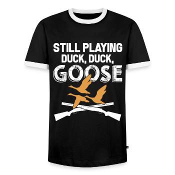 Duck Hunting Duck Hunting Still Playing Duck - Men's Ringer Shirt - black/white - Front - AI Model Female 172 light (172cm) & AI Model Male 178 light (178cm)