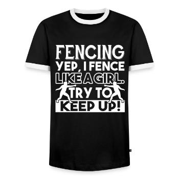 Fencing Fencing I Fence Like A Girl - Men's Ringer Shirt - black/white - Front - AI Model Female 172 light (172cm) & AI Model Male 178 light (178cm)