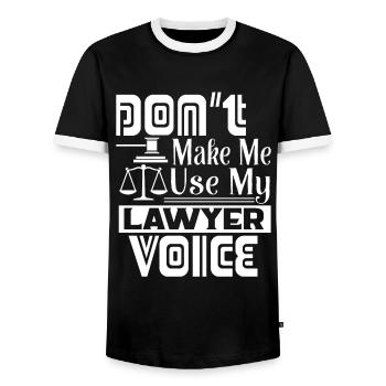 Lawyer Use My Lawyer Voice - Men's Ringer Shirt - black/white - Front - AI Model Female 172 light (172cm) & AI Model Male 178 light (178cm)