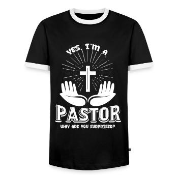 Pastor Yes I Am A Pastor - Men's Ringer Shirt - black/white - Front - AI Model Female 172 light (172cm) & AI Model Male 178 light (178cm)