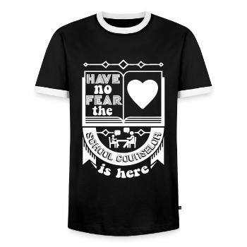 School Counselor The School Counselor Is Here - Men's Ringer Shirt - black/white - Front - AI Model Female 172 light (172cm) & AI Model Male 178 light (178cm)
