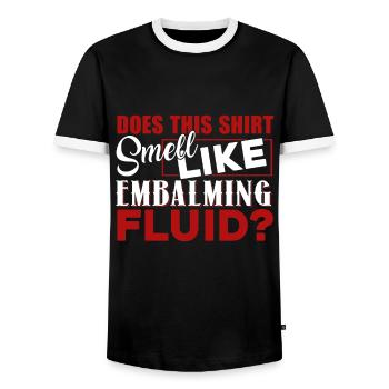 Embalmer Does This Shirt Smell Like Embalming - Men's Ringer Shirt - black/white - Front - AI Model Female 172 light (172cm) & AI Model Male 178 light (178cm)